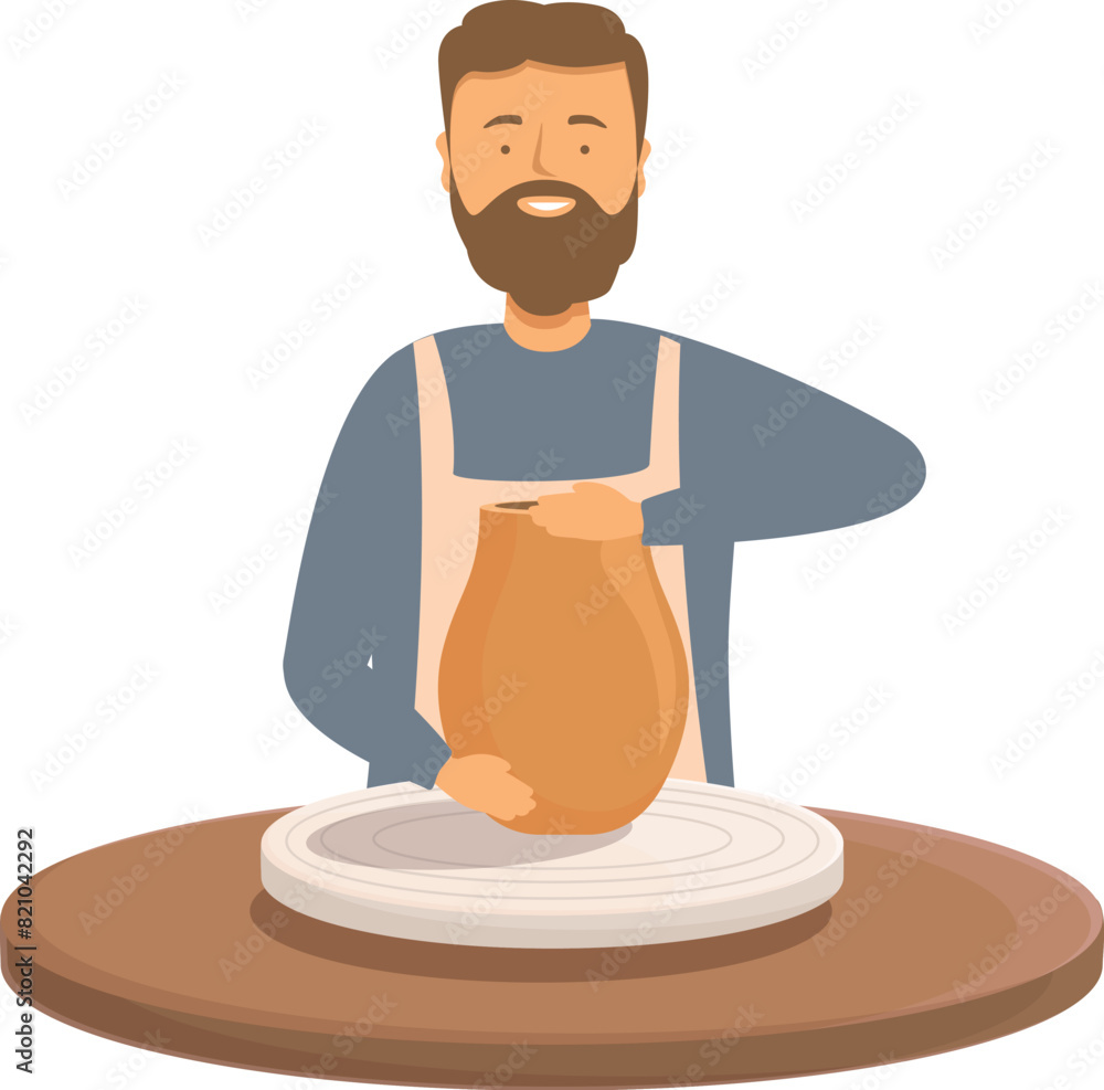 Illustration of a happy bearded potter making a vase on a potter's wheel, showcasing craftsmanship Illustration of a happy bearded potter making a vase on a potter's wheel, showcasing craftsmanship