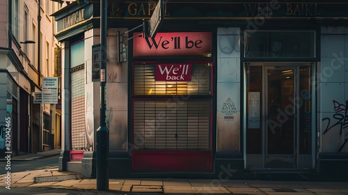 Twilight Glow on a Closed Urban Shopfront with Neon 'We'll be Back' Sign