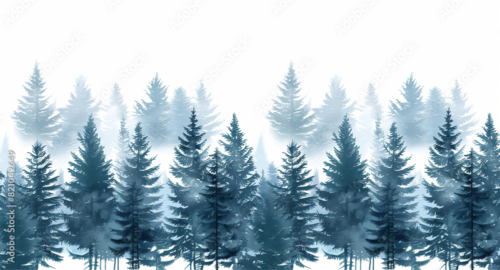 Fototapeta premium foggy spruce forest. Fir trees isolated on white background.
