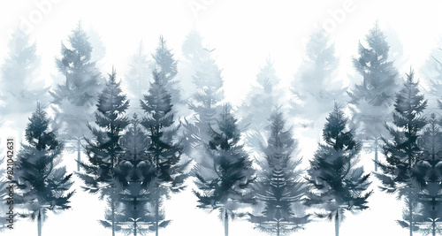 foggy spruce forest. Fir trees isolated on white background.