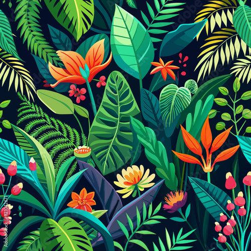 Vibrant rainforest foliage patterns  featuring intense greens and exotic flowers.