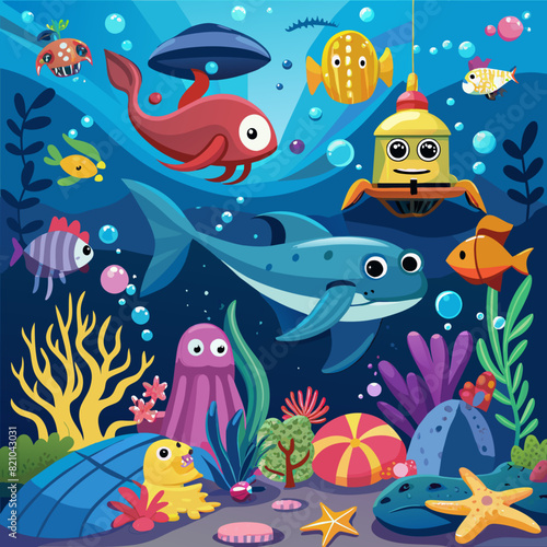 Undersea adventures with vibrant marine life illustrations for educational content.