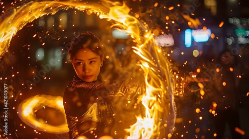 Captivating Fire Performance at Night: A Woman Surrounded by Spirals of Flames