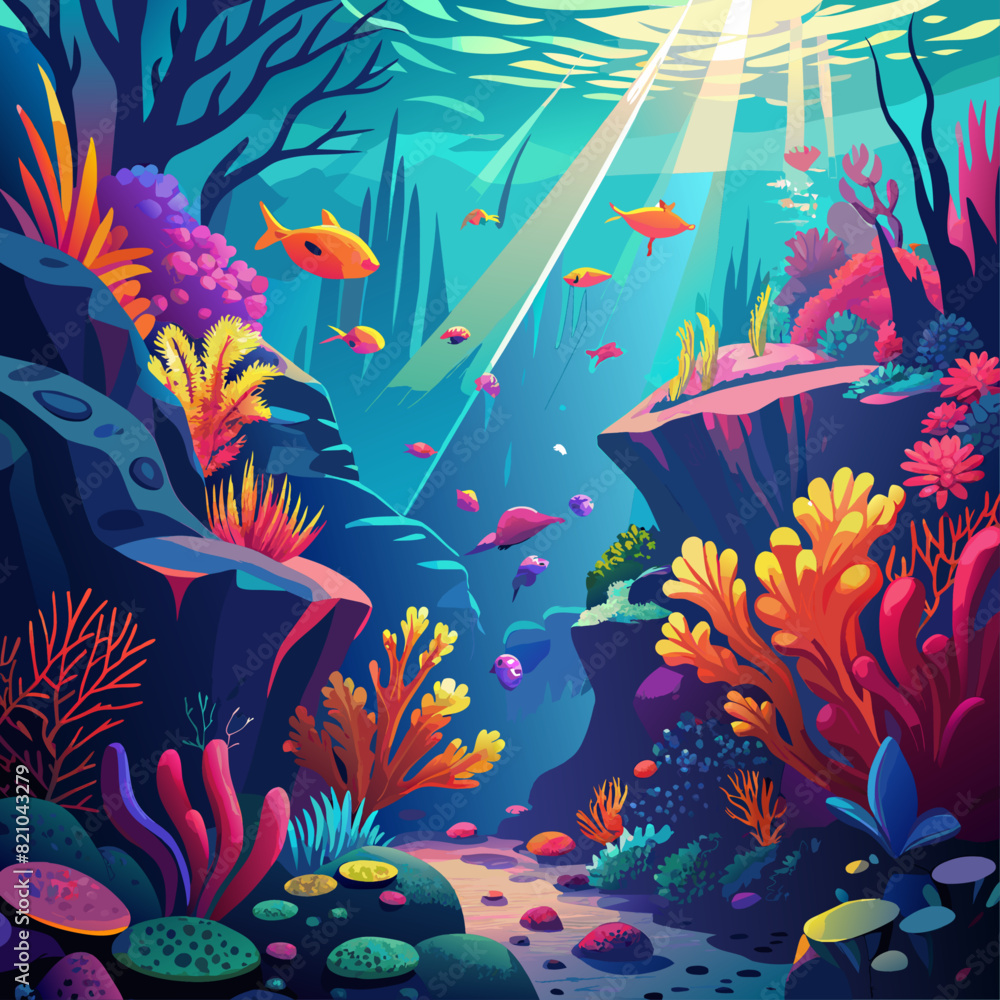 Sunlit underwater scenes showcasing coral reefs in fluorescent hues.
