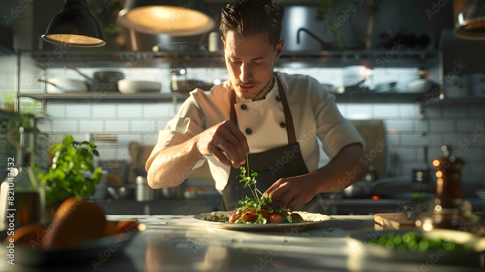 Concentrated Professional Chef Garnishing Dish in Restaurant Kitchen Concentrated Professional Chef Garnishing Dish in Restaurant Kitchen