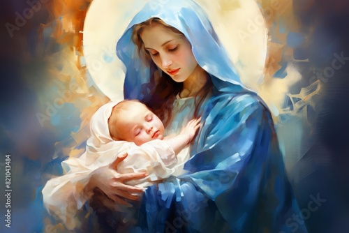 A beautiful painting of Virgin Mary holding baby Jesus, symbolizing divine maternal love The artwork uses delicate colors and smooth brushstrokes to create a serene and holy atmosphere The image empha