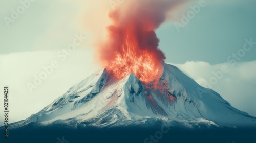A majestic snow-capped volcano erupts with fiery red lava and smoke against a dramatic sky.