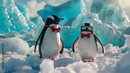 Elegant Penguins in Bow Ties at a Chilly Iceberg Gathering photo