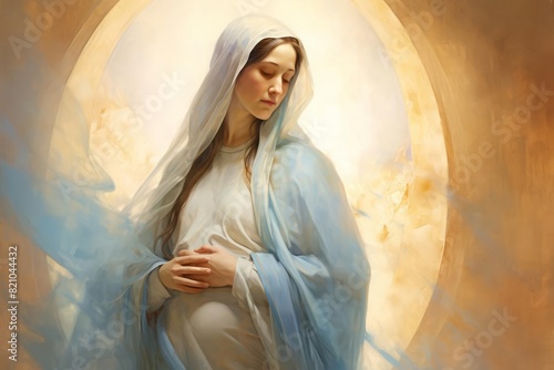 A beautiful painting of the pregnant Virgin Mary, highlighting her gentle, nurturing presence The artwork uses soft colors and smooth brushstrokes to create a calm and reverent atmosphere The scene fo