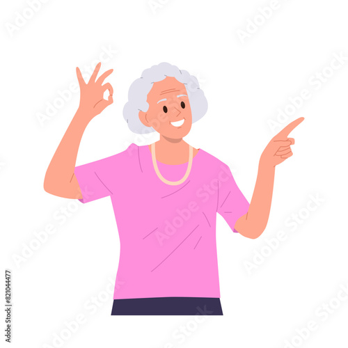 Positive elderly woman cartoon character gesturing ok sign pointing finger aside isolated on white