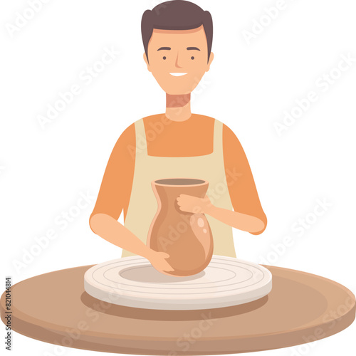Illustrated man in apron shaping clay into a vase on a potter's wheel, displaying craftsmanship