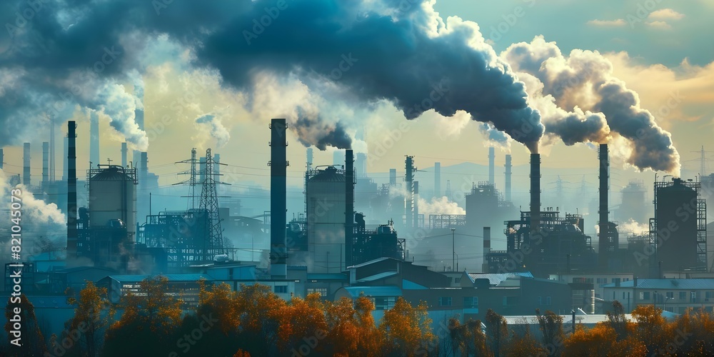 Industrial zone with many factories emitting smoke depicting pollution and manufacturing. Concept Industrial Pollution, Factory Emissions, Manufacturing Sector, Environmental Impact