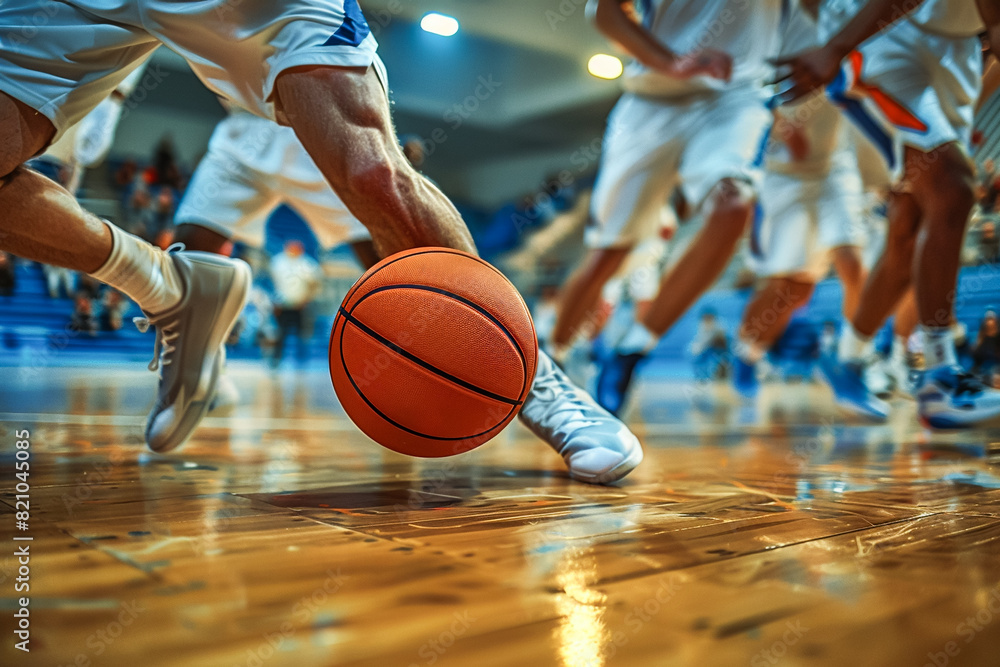 Naklejka premium Basketball activity, professional athlete playing in a gym, team challenge for a goal.