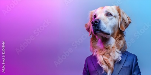 Golden retriever dog in formal business suit in studio with color wall. Concept Pet Portraits, Formal Attire, Studio Photography, Playful Concepts