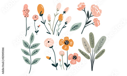 Vector flowers set. Colorful floral collection with leaves and flowers hand drawn. Spring or summer design for invitation, wedding or greeting cards