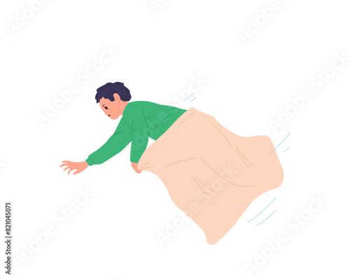 Little boy child cartoon character falling down while jumping in sack participating in race