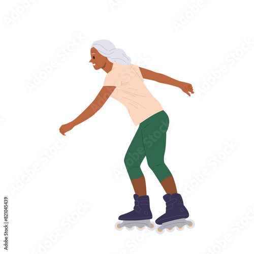 Happy gray-haired lady isolated cartoon character riding rollers enjoying sport fun activity outside