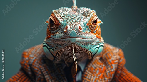 iguana dressed in an elegant modern suit with a nice tie fashion portrait of an anthropomorphic animal reptile dragon shooted in a charismatic human attitude .stock image