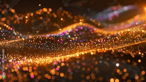 Golden and multicolored lights form undulating waves against a dark background, creating an abstract and mesmerizing visual effect.