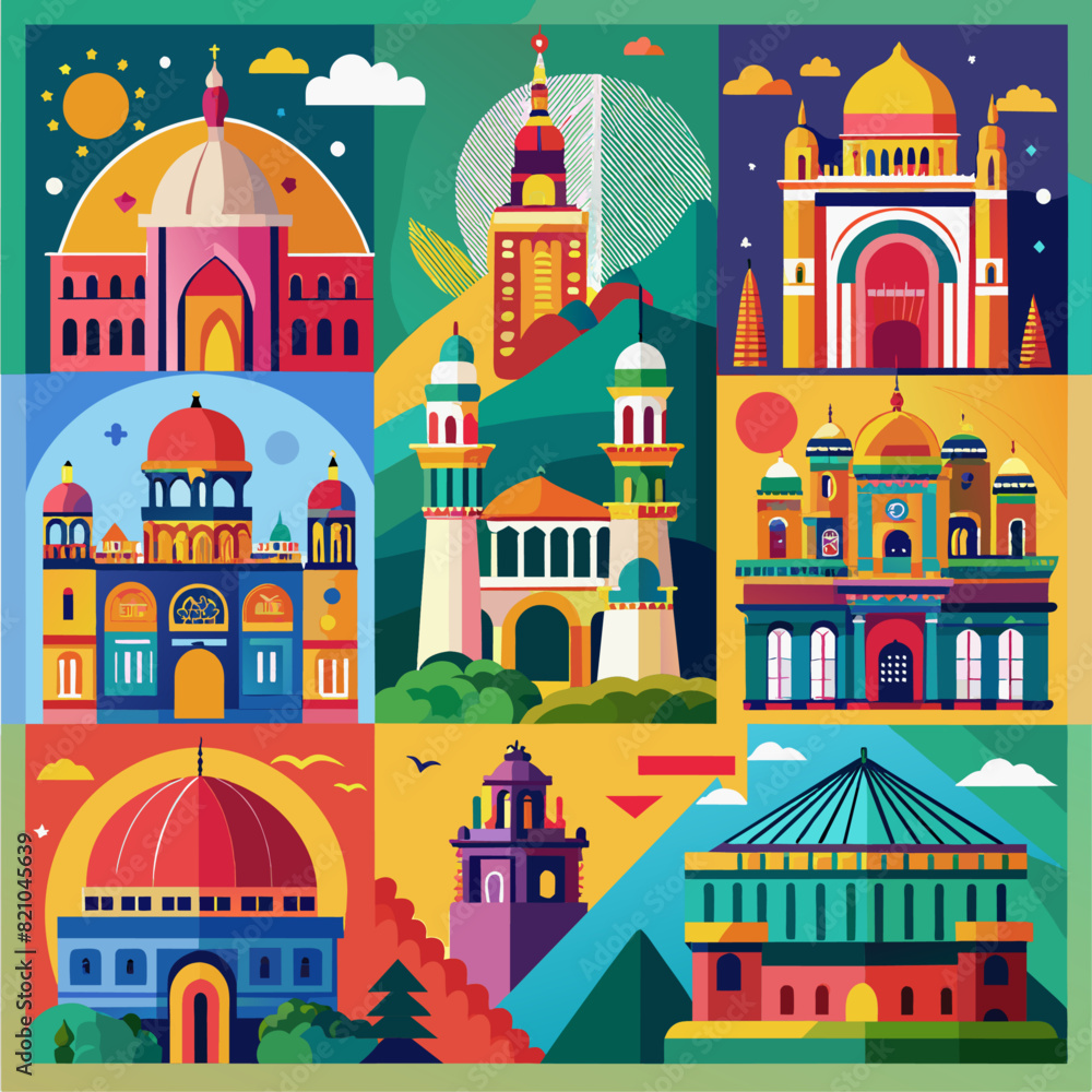 Saturated depictions of historical landmarks for travel and education content.