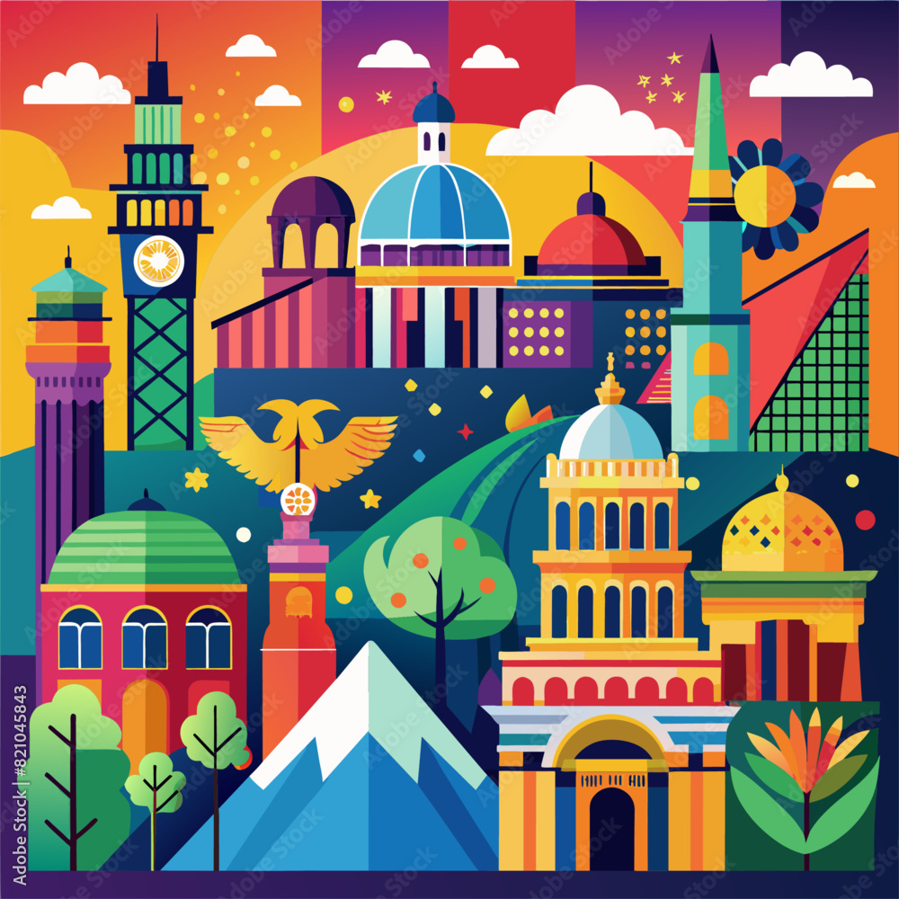 Saturated depictions of historical landmarks for travel and education content.