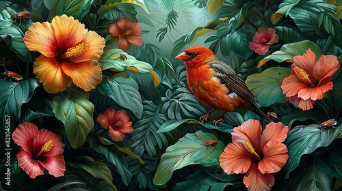 Tropical Forest Background  Insects perched on tropical flowers  with their bright colors contrasting against the green foliage of the forest. Illustration image 