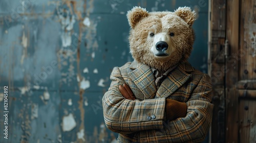 white bear dressed in an elegant suit standing as a confident leader and a powerful businessman fashion portrait of an anthropomorphic animal posing.stock photo