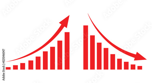 Graph going Up and Down sign with red arrows vector. Flat design vector illustration concept of sales bar chart symbol icon with arrow moving down and sales bar chart with arrow moving up.