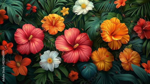Tropical Forest Background  Variety of tropical flowers in full bloom  with insects buzzing around the petals  capturing the dynamic life of the forest. Illustration image 