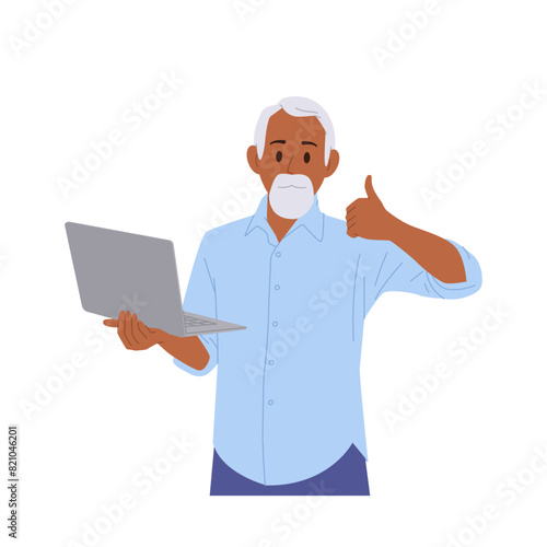 Gray-haired senior businessman cartoon character gesturing thumbsup holding computer laptop
