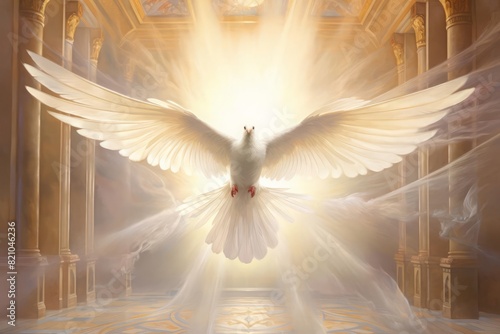 An illustration of a dove gracefully flying through the pearly gates of heaven The painting features a soft, luminous color palette and delicate lines, highlighting the spiritual significance of the m