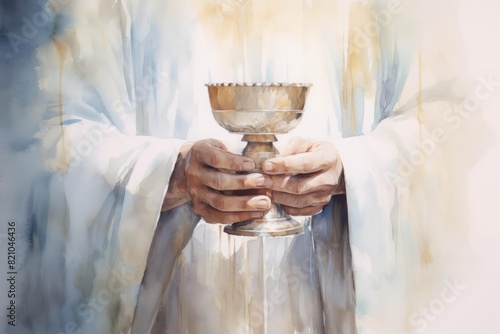 A peaceful watercolor illustration of hands holding a chalice, symbolizing the Blessed Sacrament The painting uses soft, harmonious colors and delicate brushstrokes to create a serene and spiritual am