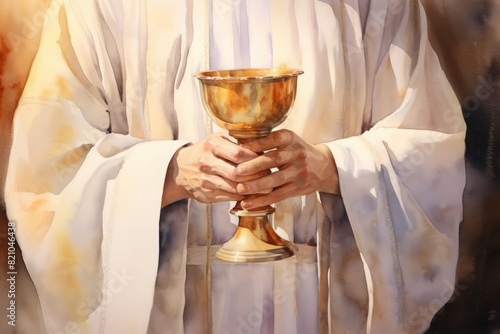 A beautiful watercolor painting showing hands holding a chalice, representing the Eucharist The artwork uses soft, ethereal colors and smooth brushstrokes to create a tranquil and divine atmosphere Th