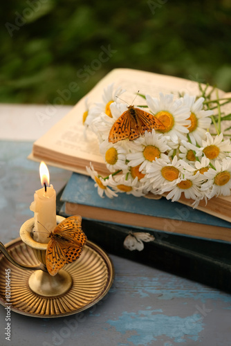 burning candle, butterflies, old books and chamomile flowers on table in garden. close up. relax, reading time. romantic inspiration composition.
