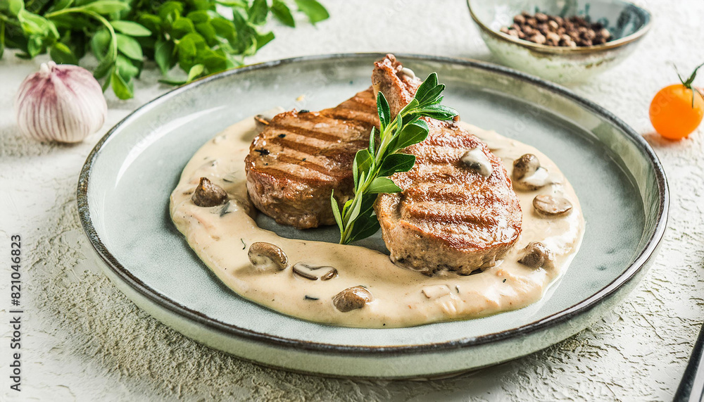 Grilled veal chops with mushroom cream sauce. Tasty meat. Delicious restaurant dish. Grilled veal chops with mushroom cream sauce. Tasty meat. Delicious restaurant dish.