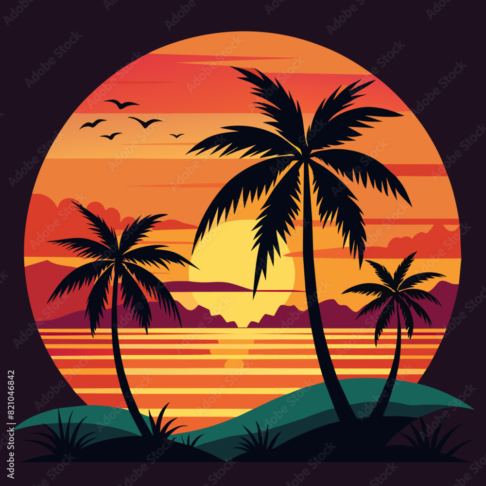 palm tree on sunset, Radiant Beach Sunsets with Palm Silhouettes for Travel and Leisure Themes

