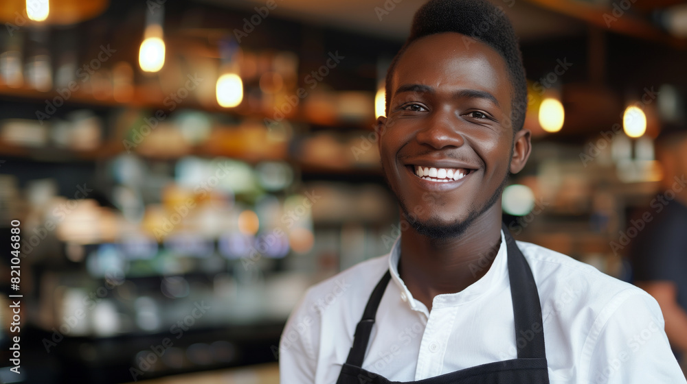A smiling man in a white shirt and apron stands in front of a restaurant. He is wearing a black apron with a white stripe. black man, Brazilian, smiling, working as a waiter in a restaurant A smiling man in a white shirt and apron stands in front of a restaurant. He is wearing a black apron with a white stripe. black man, Brazilian, smiling, working as a waiter in a restaurant