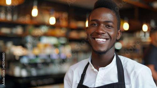 A smiling man in a white shirt and apron stands in front of a restaurant. He is wearing a black apron with a white stripe. black man, Brazilian, smiling, working as a waiter in a restaurant