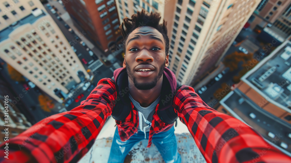 Fototapeta premium A man with a red plaid shirt is taking a selfie from a rooftop. Concept of adventure, as the man is capturing a unique perspective of the city from above. trendy, fashionable, hip hop style black man