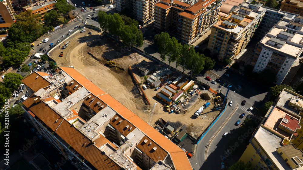 Obraz premium Aerial view of work in progress in Radio Square in the Marconi district in Rome, Italy.