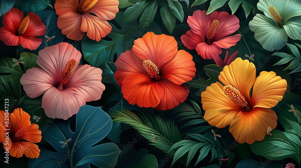 custom made wallpaper toronto digitalTropical Forest Background, A variety of fungi growing on a tree trunk, with different shapes, sizes, and colors adding to the forest's intricate ecosystem. Illustration image,