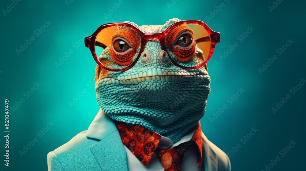 Fototapeta premium Stylish lizard with bright glasses, focus on, unique character, vibrant, Overlay, teal background
