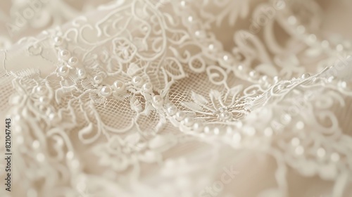 A close-up of intricate lace detailing on the bodice of a pristine white wedding gown, with delicate pearls and beads shimmering in the light