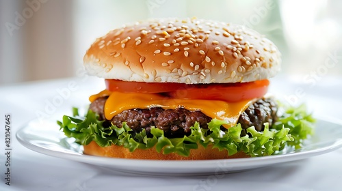 Mouthwatering cheeseburger served on a white plate  piled high with juicy beef  melted cheese  crisp lettuce  and ripe tomatoes for a classic American meal.