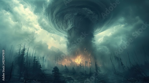 A colossal tornado, wielding immense power, sweeps across a lowland, leaving behind a devastated forest and catastrophic damage, a vivi of the profound consequences of climate change..stock photo photo