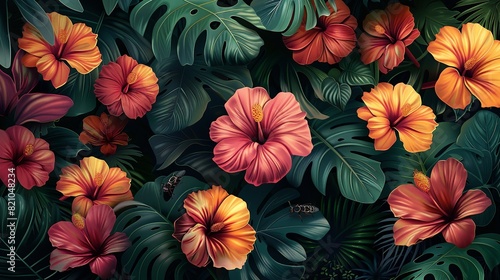 Tropical Forest Background, Close-up of delicate tropical flowers blooming among the dense undergrowth, with insects pollinating the vibrant petals. Illustration image,