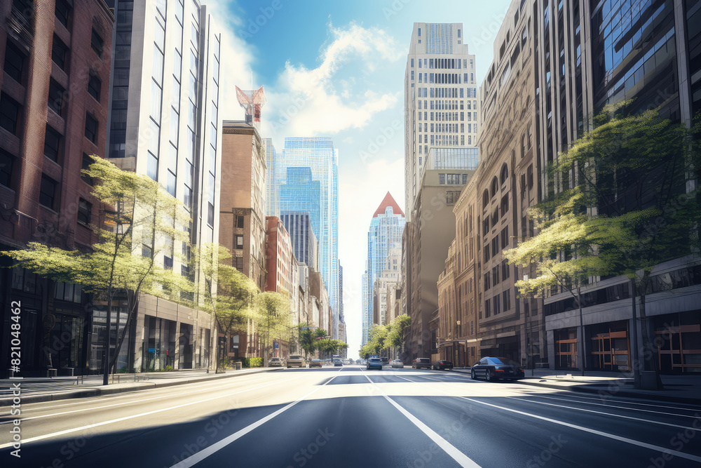 Sunlit Urban Road with Skyscrapers on a Clear Day