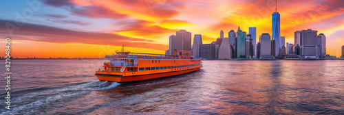 Iconic Staten Island Ferry with the New York skyline and sunset in the background, reflecting vibrant colors