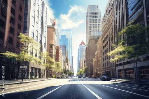 Sunlit Urban Road with Skyscrapers on a Clear Day