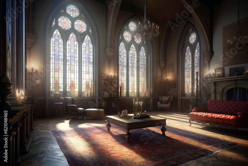 Gothic style living room interior in a castle.